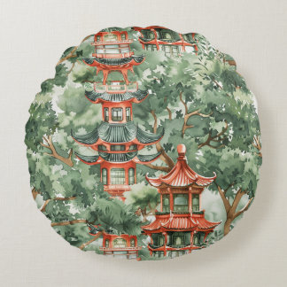 Coussins Ronds Aquarelle Pagode asiatique dans paysage verdoyant