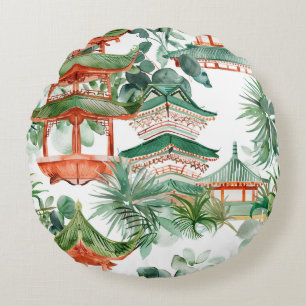 Coussins Ronds Aquarelle Pagode asiatique dans paysage verdoyant