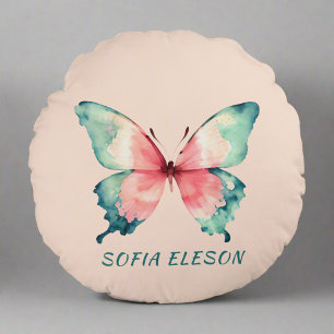 Coussins Ronds Aquarelle Papillon Élégant Blush Pink Nom