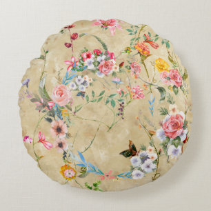 Coussins Ronds Aquarelle peinture feuille et fleurs, sans soudure