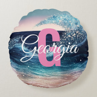 Coussins Ronds Aquarelle personnalisée Bleu Ocean Wave | Monogram
