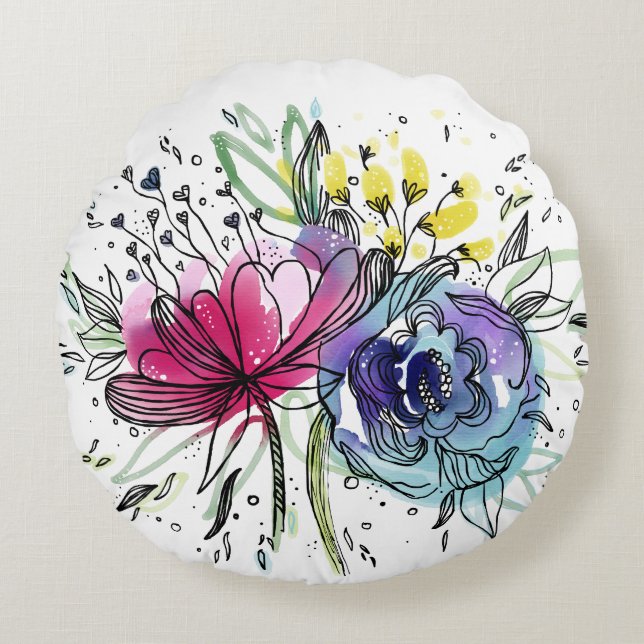 Coussins Ronds Aquarelle personnalisée Design rose et bleu (Devant)