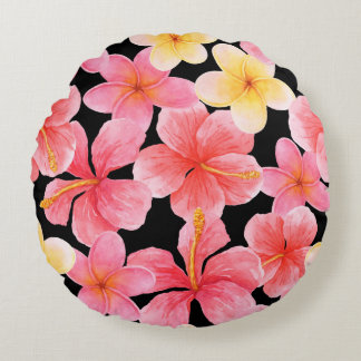 Coussins Ronds Aquarelle Plumeria Hibiscus Fleurs Motif