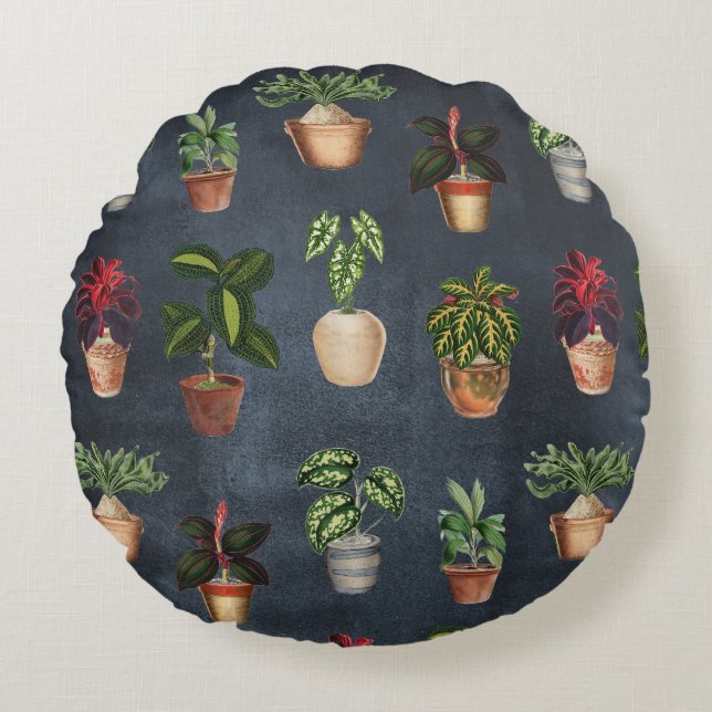 Coussins Ronds Aquarelle Pointée Plante Rustique Motif Noir (Devant)