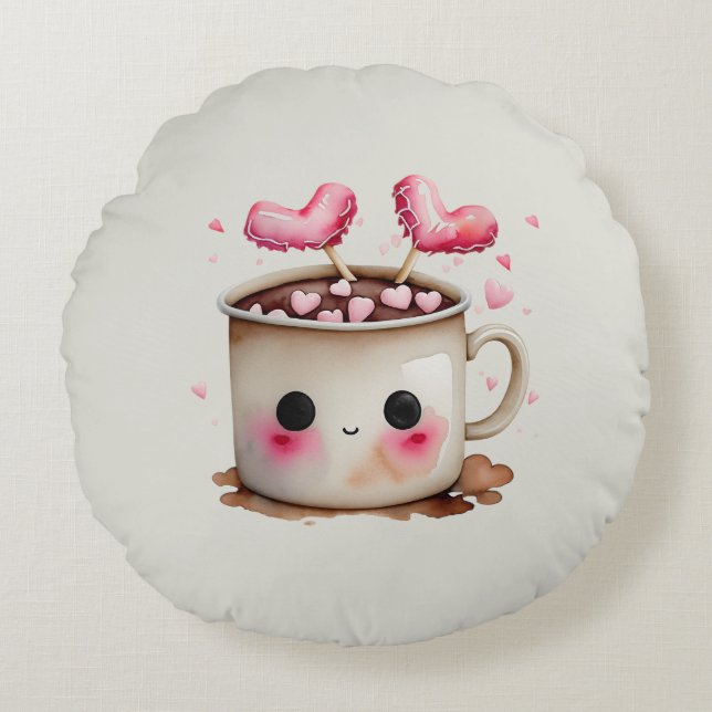 Coussins Ronds Aquarelle rose et crème mignonne Chocolat chaud Mu (Devant)