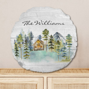 Coussins Ronds Aquarelle Rustique Foggy Forest Cabine de montagne