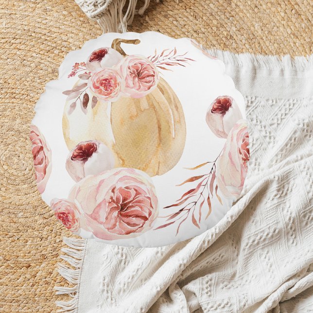 Coussins Ronds Aquarelle tendance Citrouille et fleurs | Automne (Créateur téléchargé)