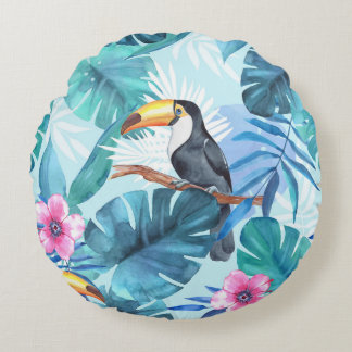 Coussins Ronds Aquarelle Toucans : Tropical Seamless