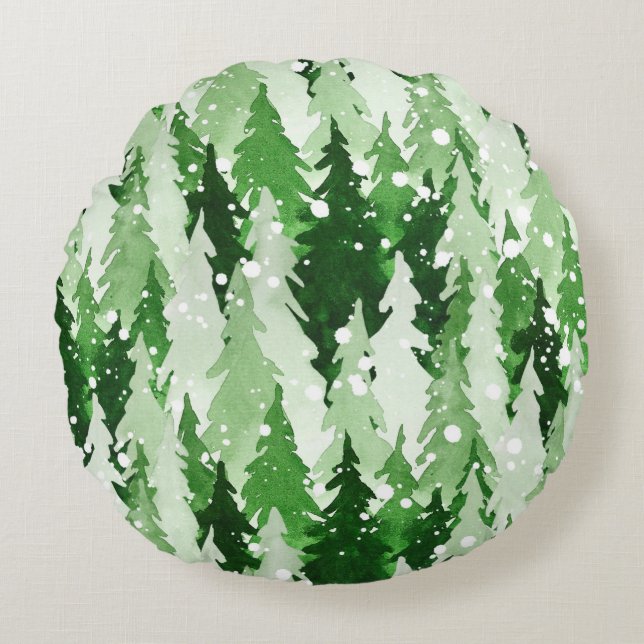 Coussins Ronds Aquarelle transparente motif avec pins verts  (Devant)