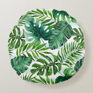 Coussins Ronds Aquarelle Tropical Feuilles Green Contemporary