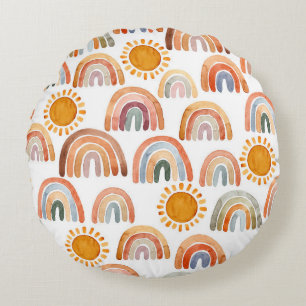 Coussins Ronds Aquarelle Whimsical Boho Rainbow et Sun
