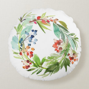 Coussins Ronds Aquarelle Winterberry Holly et Juniper Christmas