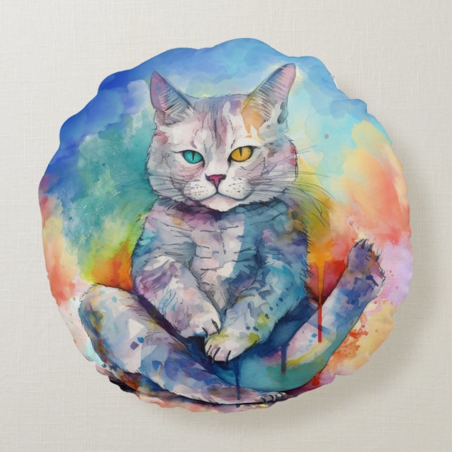 Coussins Ronds Aquarelle Yoga Chat II (Dos)