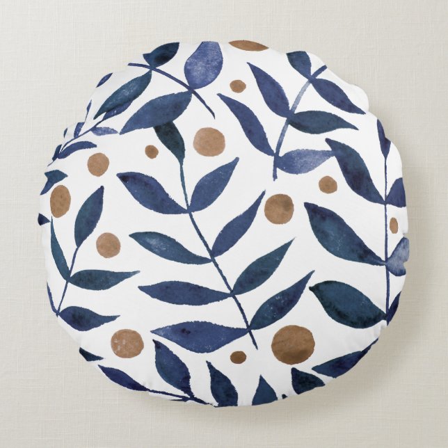 Coussins Ronds Aquarelles et baies - indigo et beige (Devant)