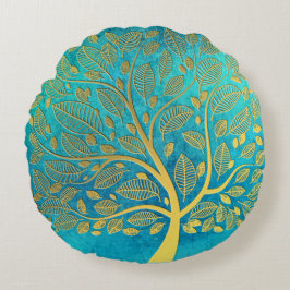 Coussins Ronds Arbre bleu et or turquoise