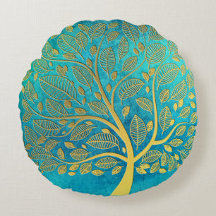 Coussins Ronds Arbre bleu et or turquoise