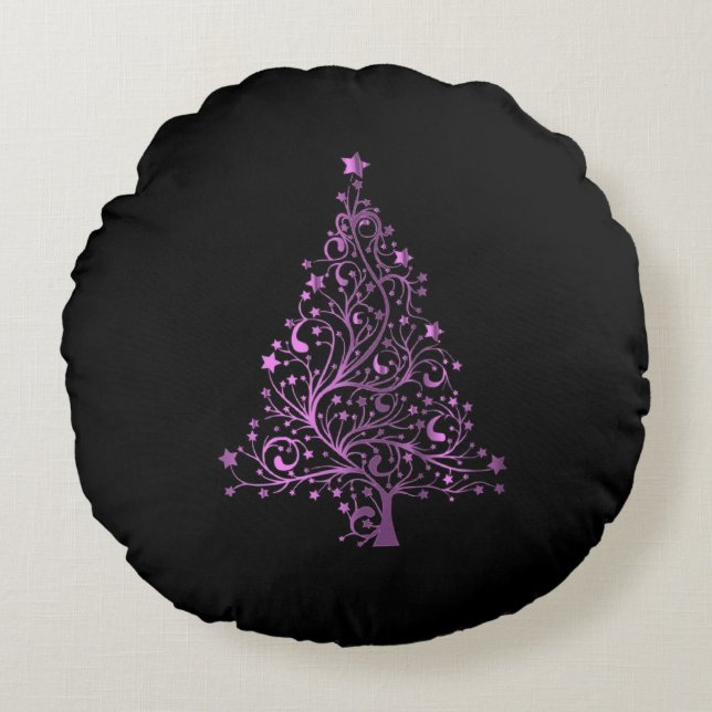 Coussins Ronds Arbre de Noël étoilé Rose noir élégant (Devant)