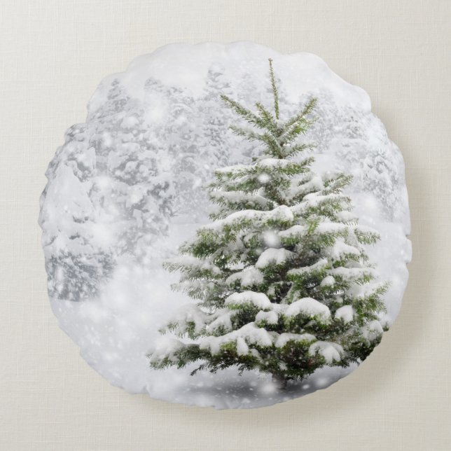 Coussins Ronds Arbre de sapin dans la neige épaisse (Devant)