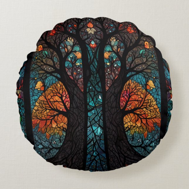Coussins Ronds Arbre de vie effet de vitrail en mosaïque (Devant)