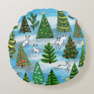 Coussins Ronds Arbres de Noël et lièvres à neige