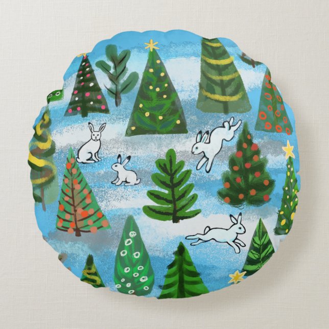 Coussins Ronds Arbres de Noël et lièvres à neige (Devant)