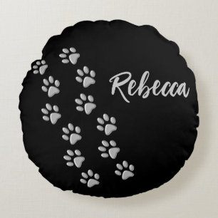 Coussins Ronds Arrière - plan noir Silver Dog Paws Motif d'impres