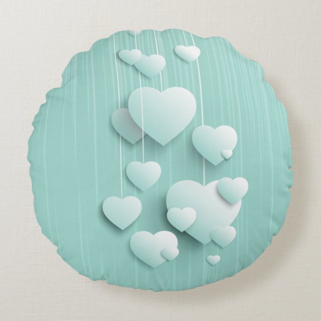 Coussins Ronds Arrière - plan vert clair avec coeur blanc 3D (Devant)