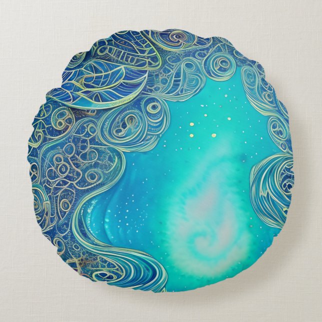 Coussins Ronds Art Abstrait bleu et Turquoise (Devant)