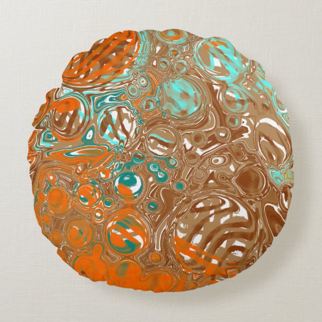 Coussins Ronds Art Abstrait orange, Brown, Turquoise et turquoise (Devant)