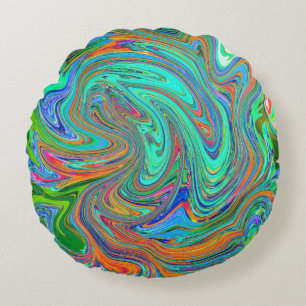 Coussins Ronds Art abstrait rétro groovy Aqua, Orange et Vert