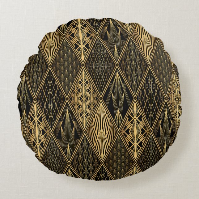 Coussins Ronds Art Déco Black Gold Elegance (Devant)