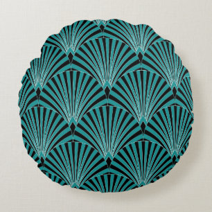 Coussins Ronds Art Déco : motif ventilateur vert.