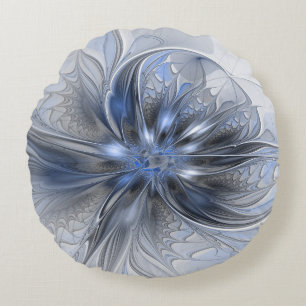 Coussins Ronds Art floral fractal abstrait aquarelle gris bleu