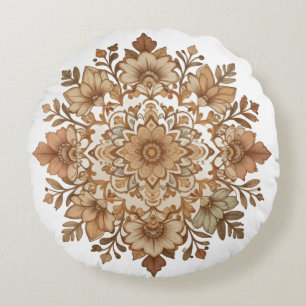 Coussins Ronds Art floral mandala complexe tons bruns