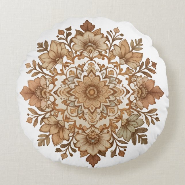 Coussins Ronds Art floral mandala complexe tons bruns (Devant)