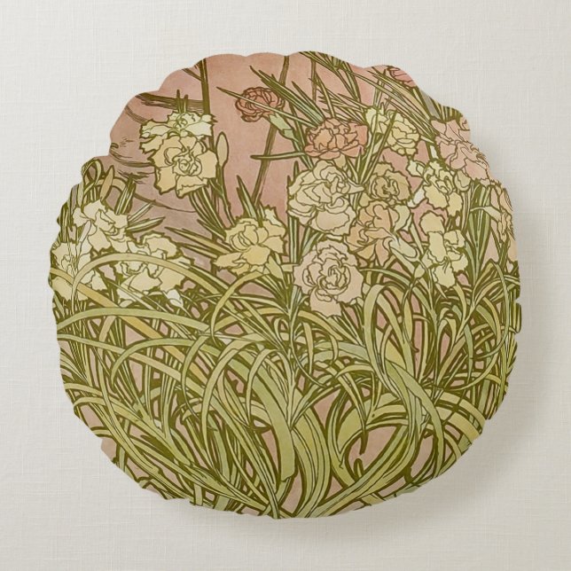 Coussins Ronds Art Nouveau Alfonse Mucha fleurs d'oeillets floral (Devant)