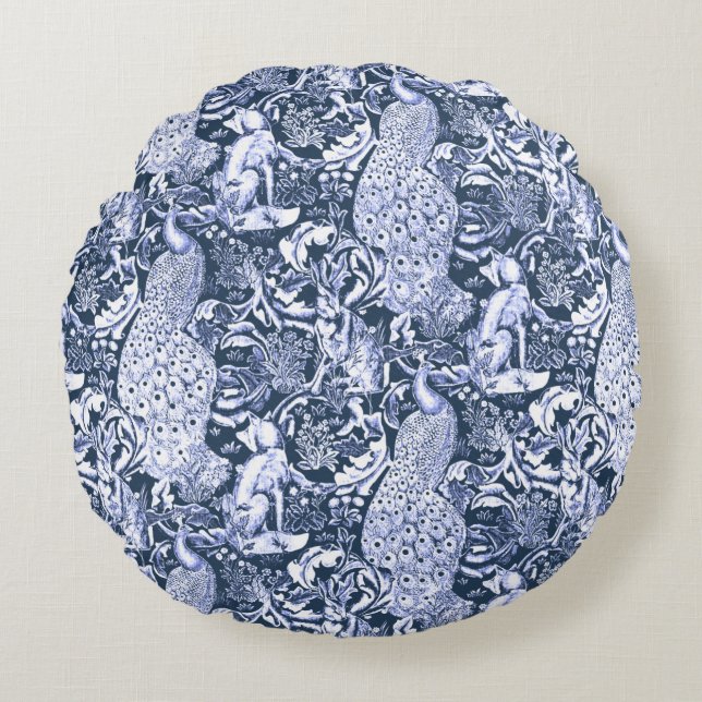 Coussins Ronds Art Nouveau Peacock Print, Navy et White (Devant)