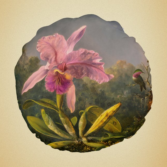 Coussins Ronds Artsy brésilien Cattelya Orchid et 3 colibris (Créateur téléchargé)