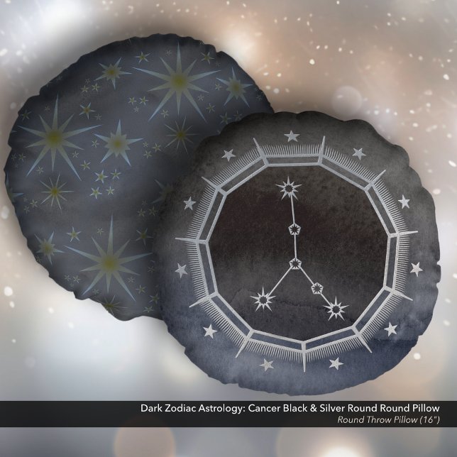 Coussins Ronds Astrologie Zodiaque foncée : Cancer Noir & Argent  (Dark Zodiac Astrology: Cancer Black & Silver Round Pillow)