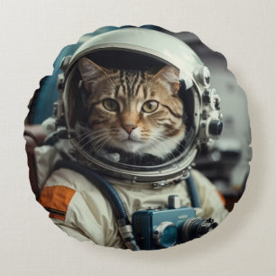 Coussins Ronds Astronaute de chat gris dans l'espace