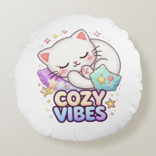 Coussins Ronds Autocollant de chat ambiance cosy   Chat mignon en