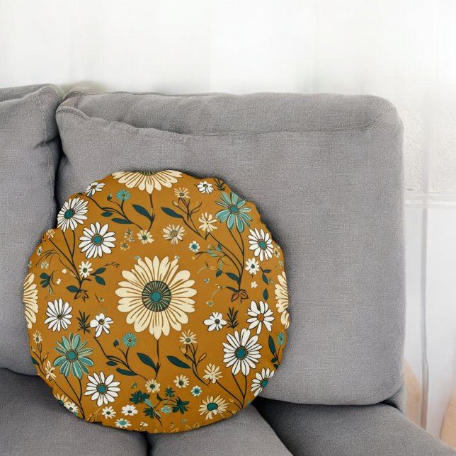 Coussins Ronds Automne Retro Boho Mustard Motif (Créateur téléchargé)