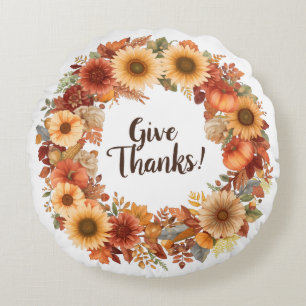 Coussins Ronds Automne Thanksgiving Citrouille et fleurs Round Pi