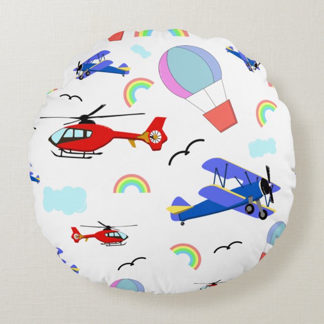 Coussins Ronds Avions, hélicoptères et ballons (Devant)