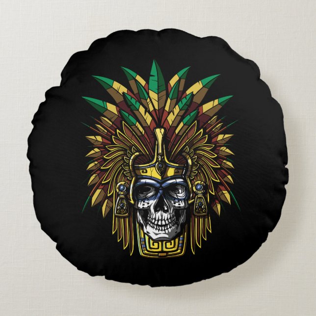 Coussins Ronds Aztec Skull Warrior (Devant)