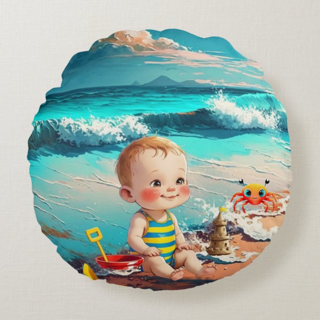 Coussins Ronds Baby Boy at the Beach (Devant)