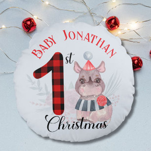 Coussins Ronds Baby Boy's 1st Christmas mignon Rhino Santa Hat Na