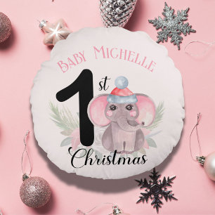 Coussins Ronds Baby Girl's 1st Christmas mignon Pink Elephant Nam