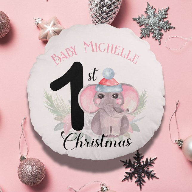 Coussins Ronds Baby Girl's 1st Christmas mignon Pink Elephant Nam (Créateur téléchargé)