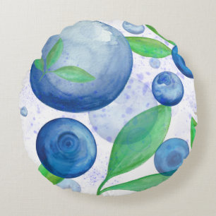 Coussins Ronds Baies de fruits à l'aquarelle de bleuets